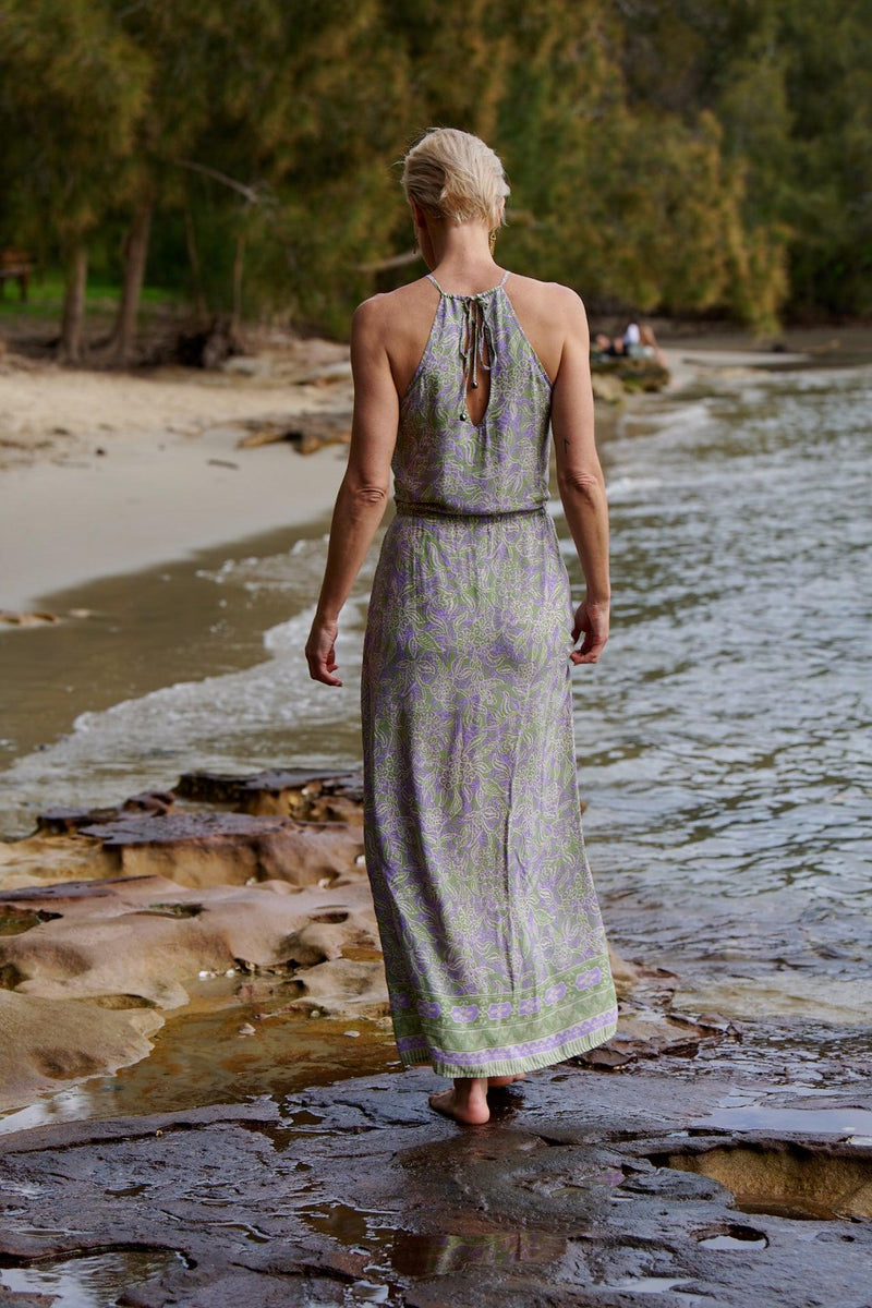 Lyla Drawstring Halterneck Dress ~ Sage & Lavendar Batik