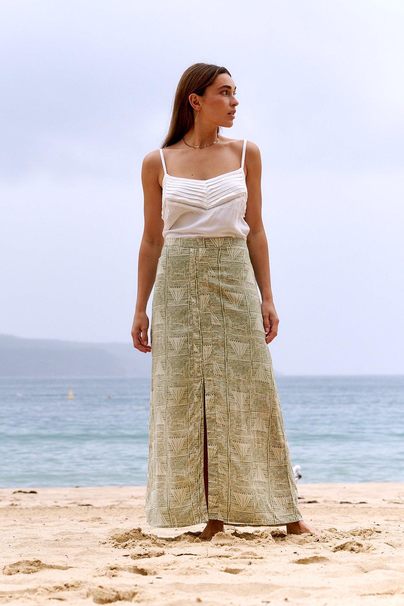 Mara Maxi Skirt ~ Olive & Sepia