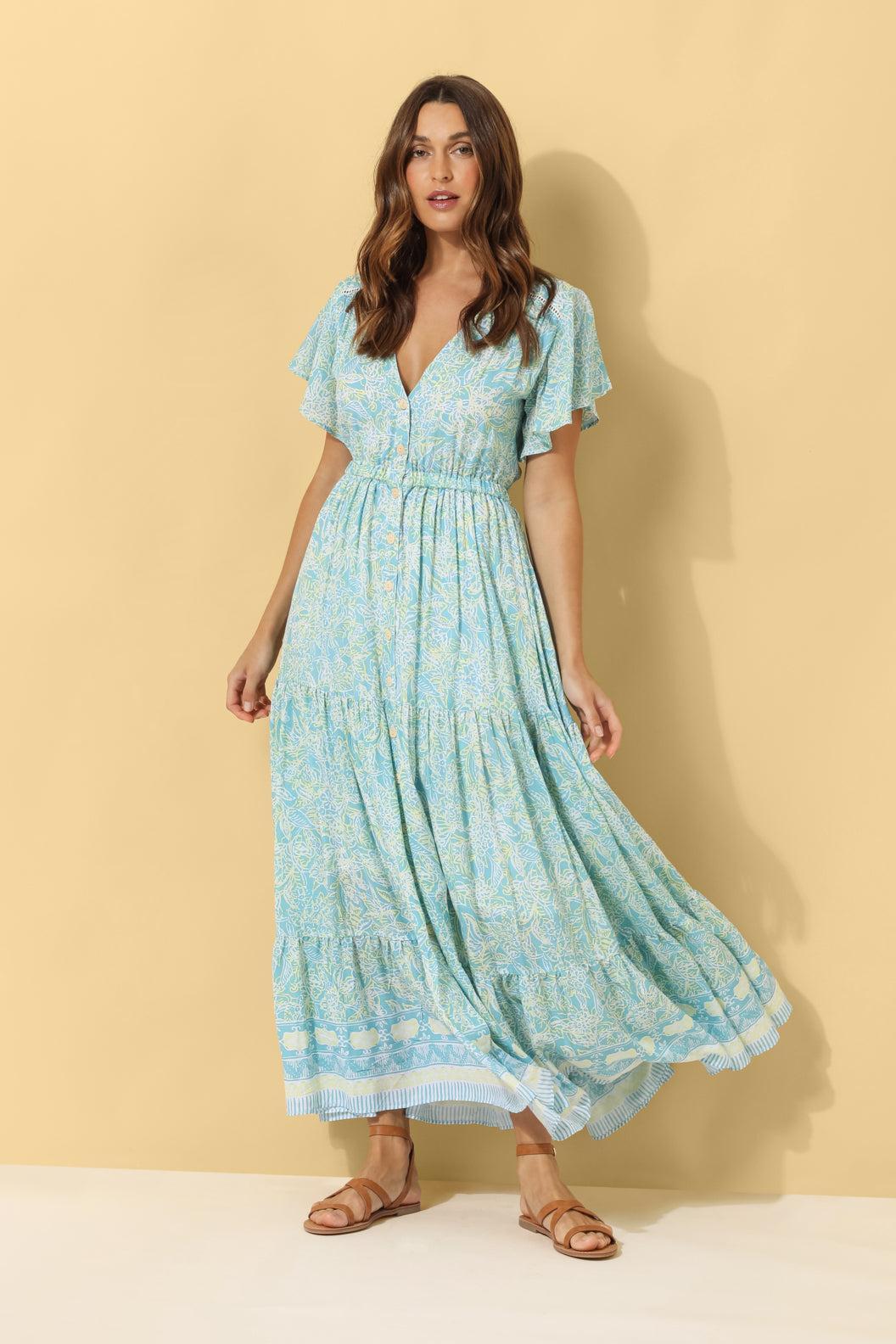 Harla aqua maxi dress with bell sleeves and full skirt