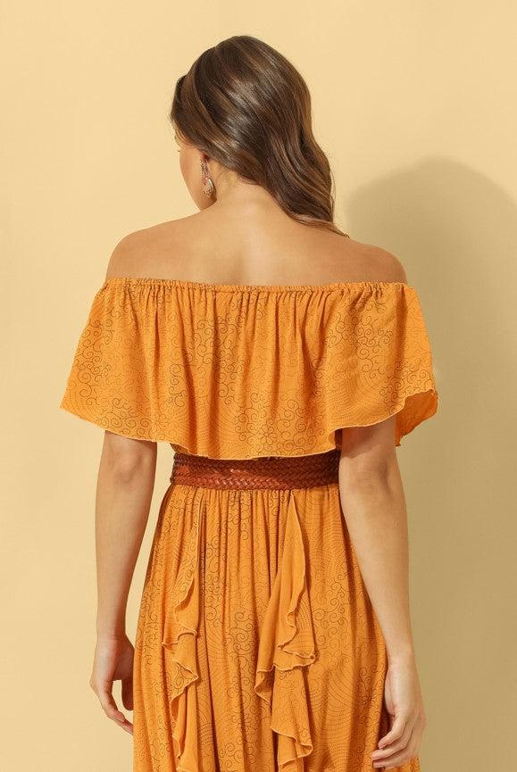 Carmen Frill Maxi Dress ~ Burnt Orange