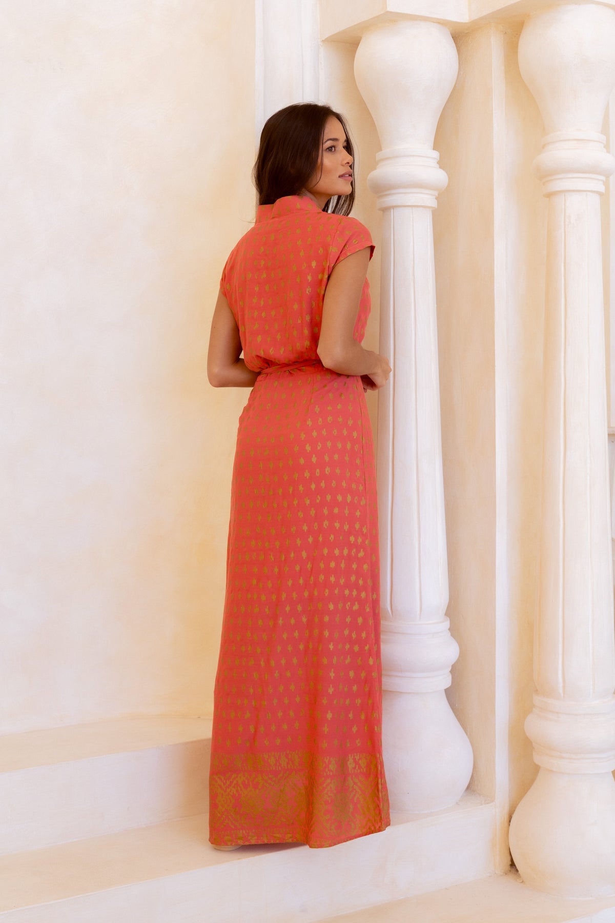 Vivid coral and shimmering gold maxi wrap dress