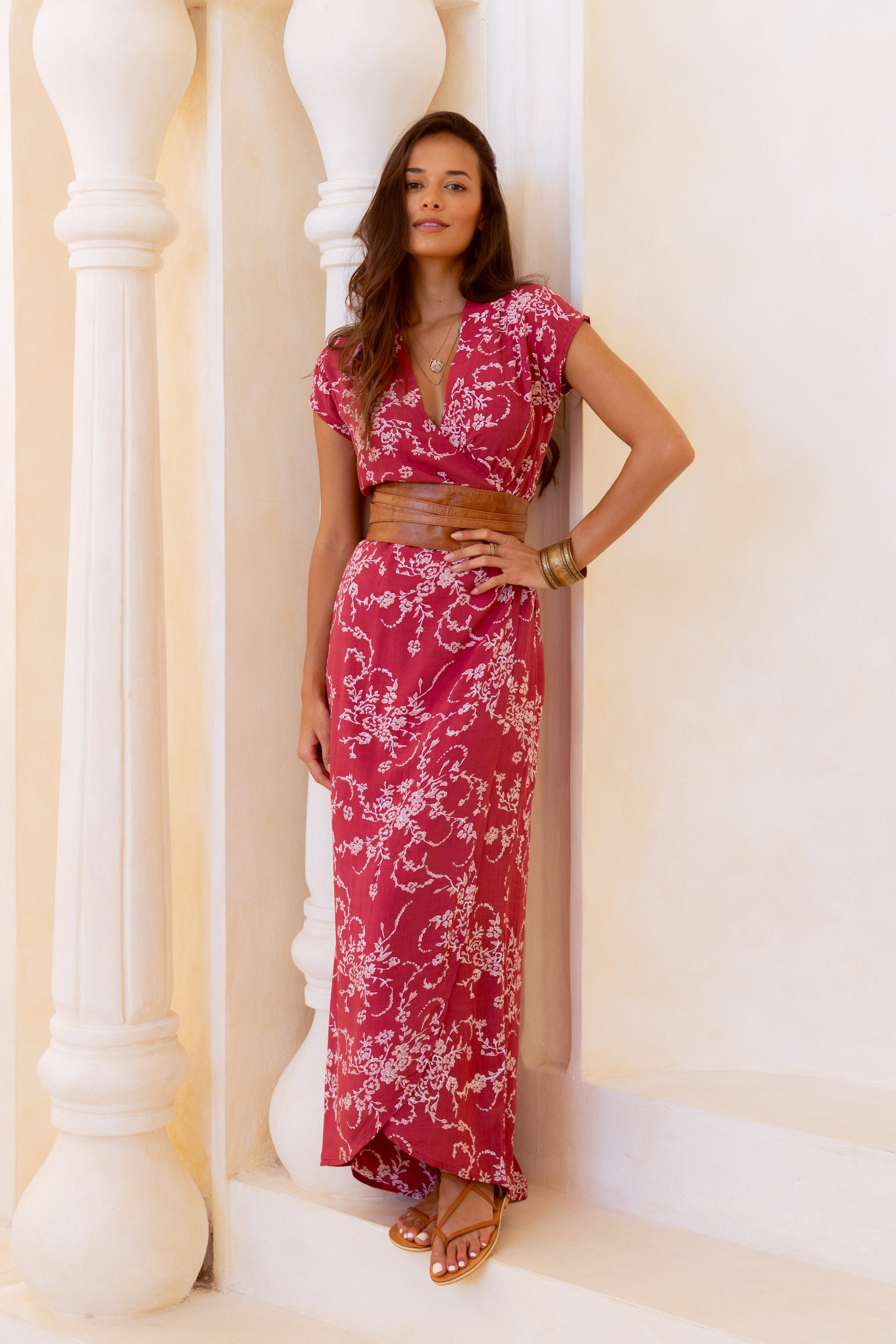 Red and pink floral maxi wrap dress