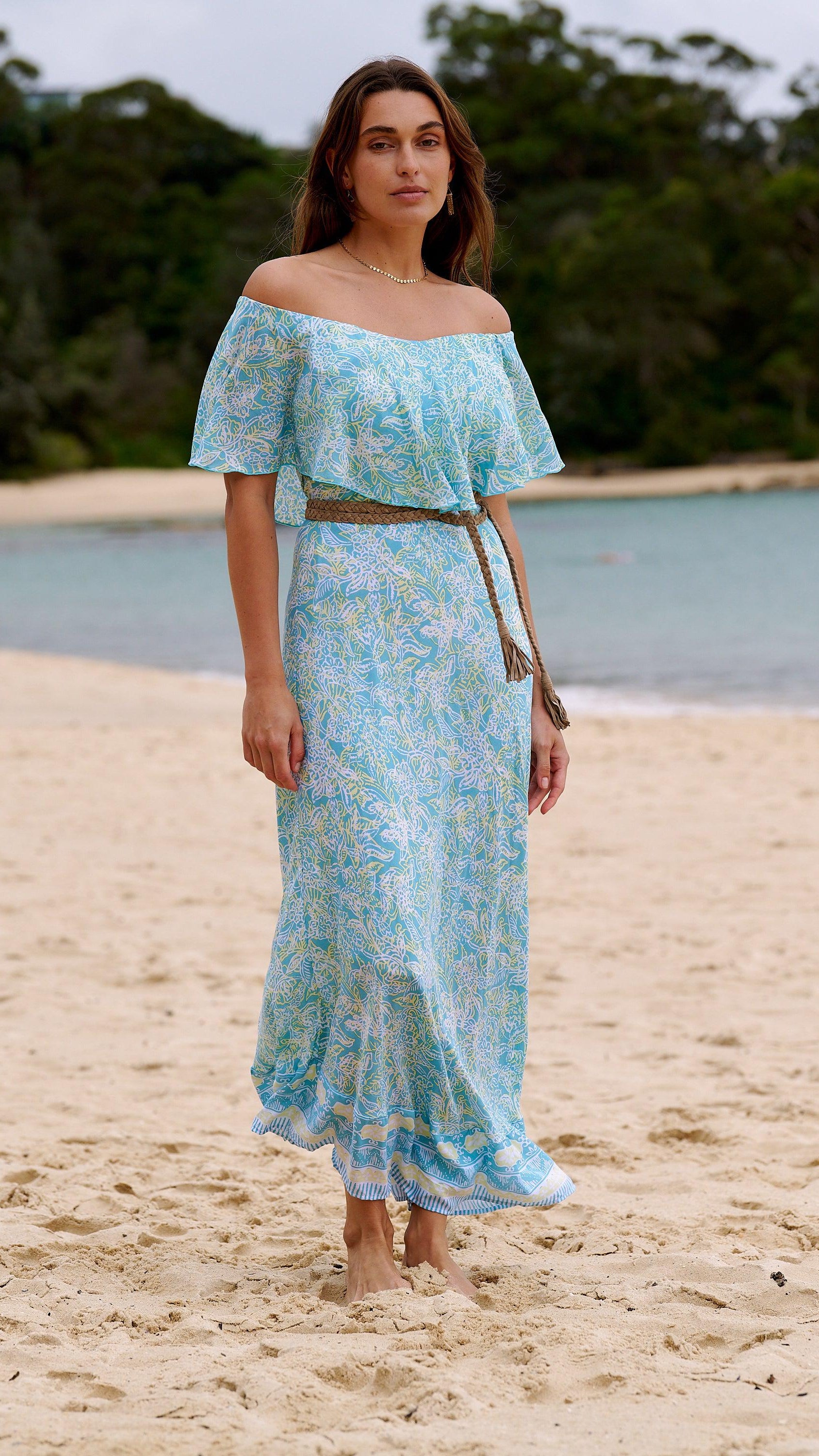 Harla off the shoulder maxi dress aqua and lemon print