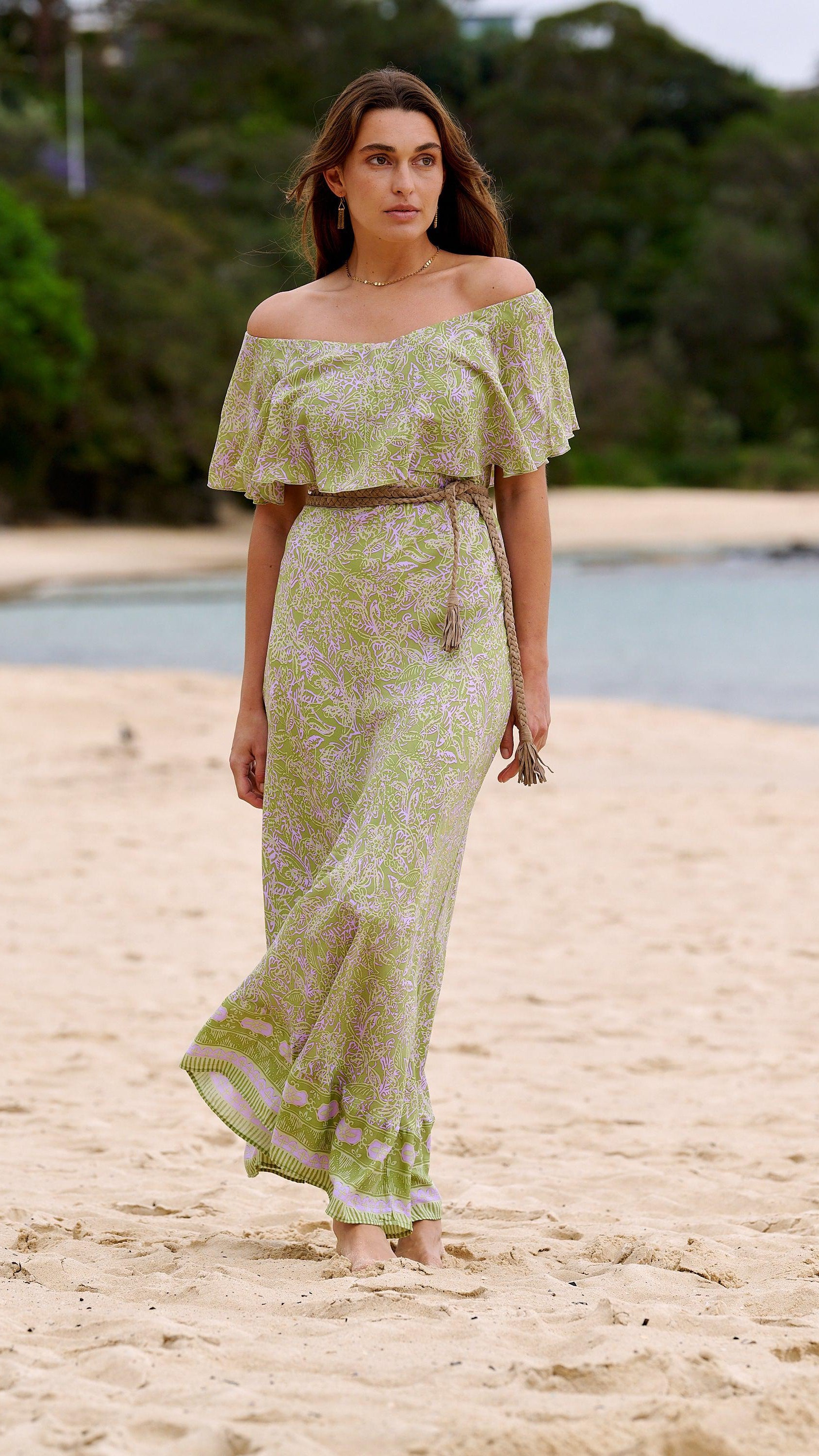 Harla off the shoulder maxi dress sage and lavender print