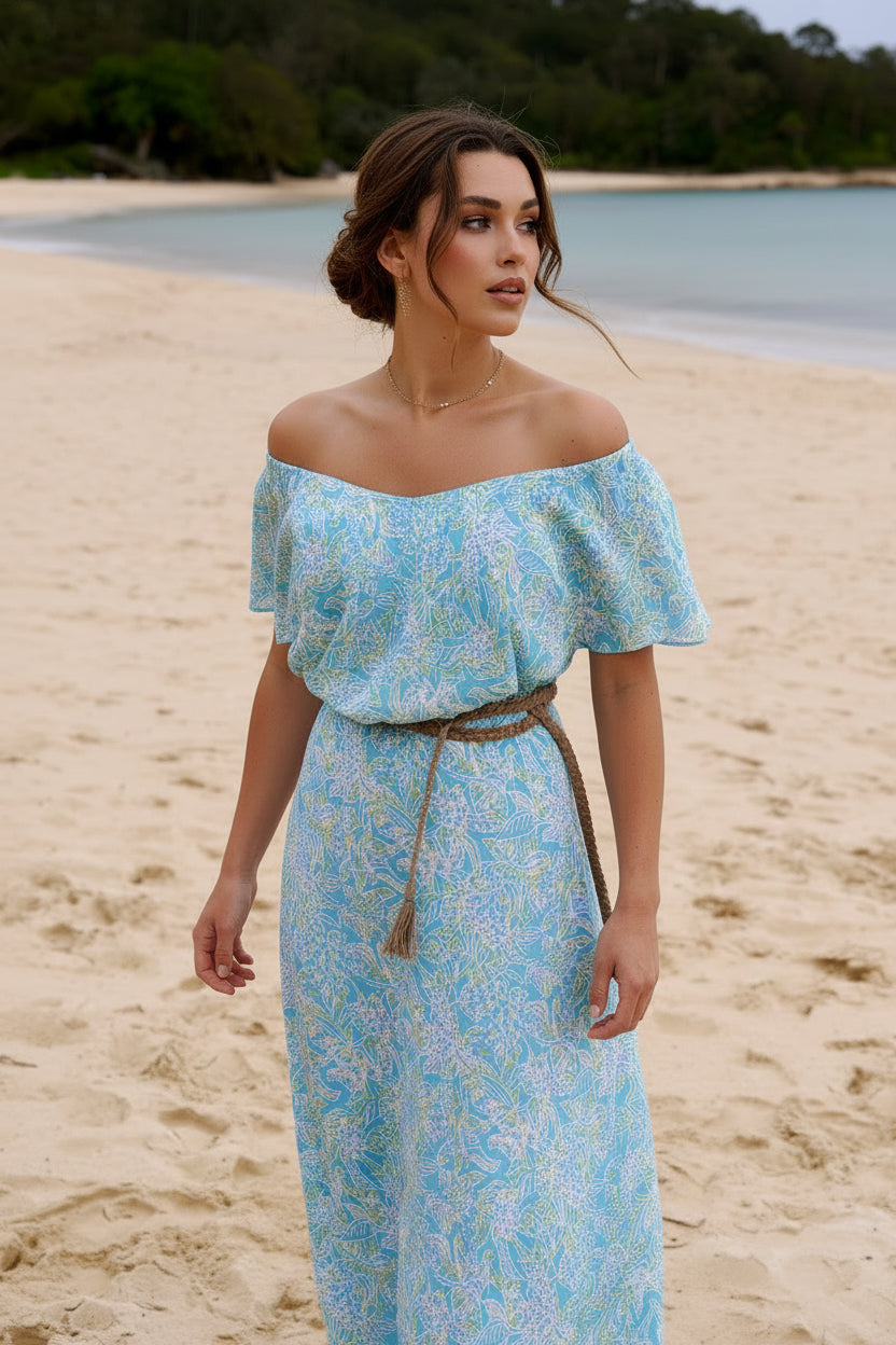 Harla off the shoulder maxi dress aqua and lemon print