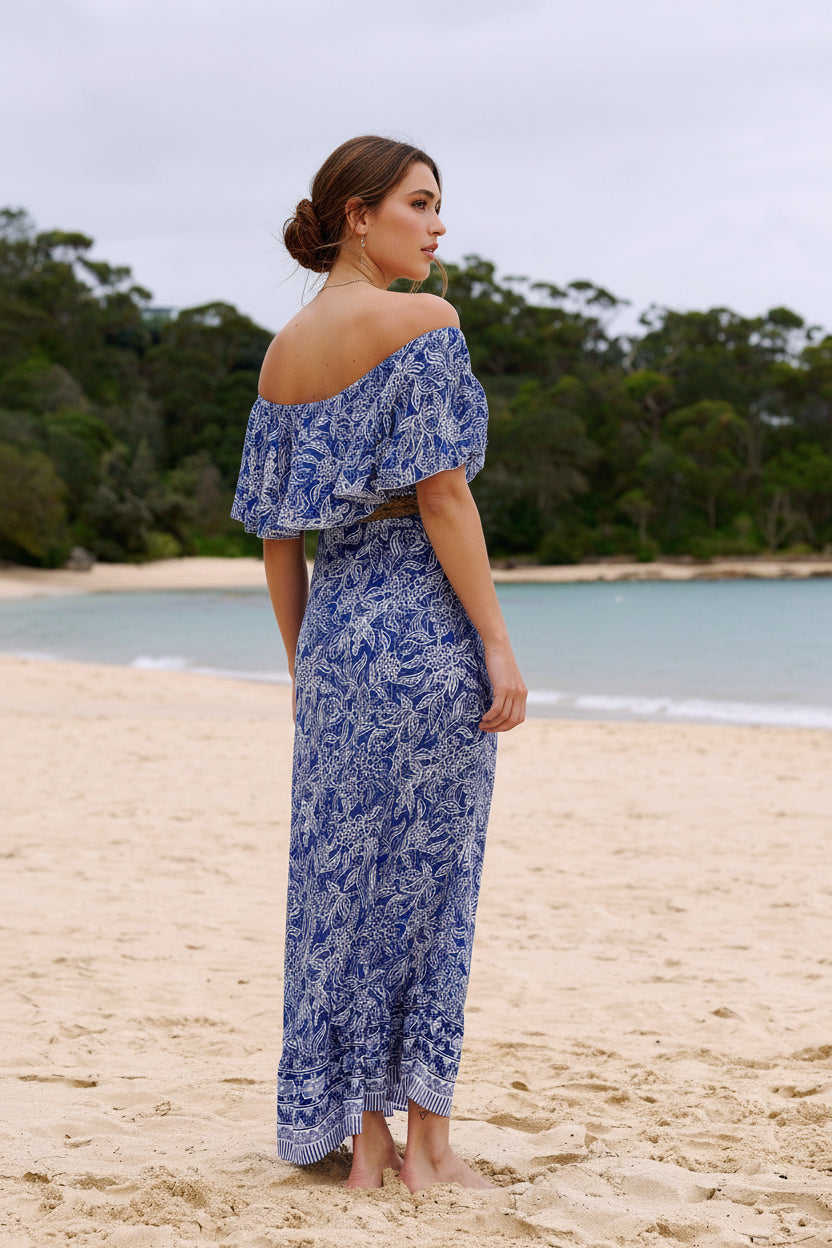 Harla off the shoulder maxi dress navy and silver print