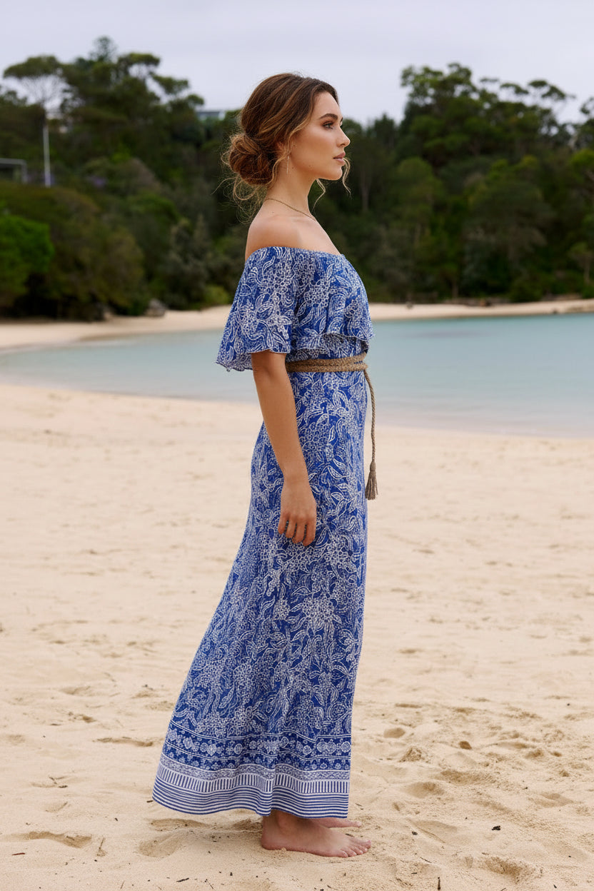 Harla off the shoulder maxi dress navy and silver print