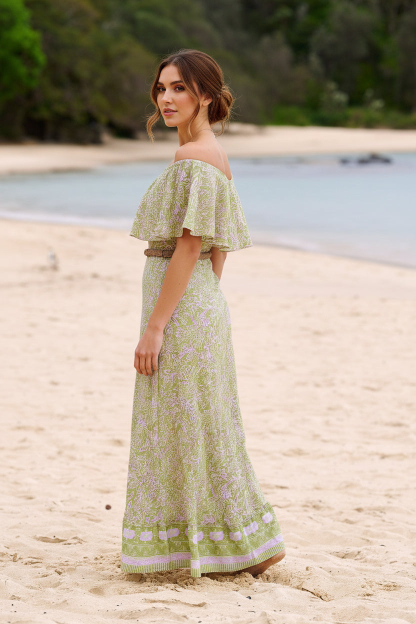 Harla off the shoulder maxi dress sage and lavender print