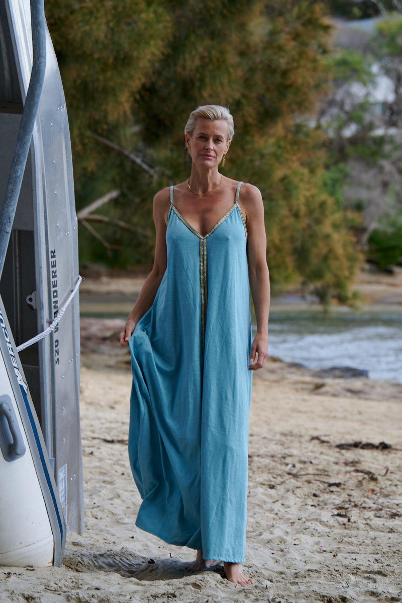 Tess 100% Cotton Singlet Maxi Dress ~ Turquoise with Pearl Trim