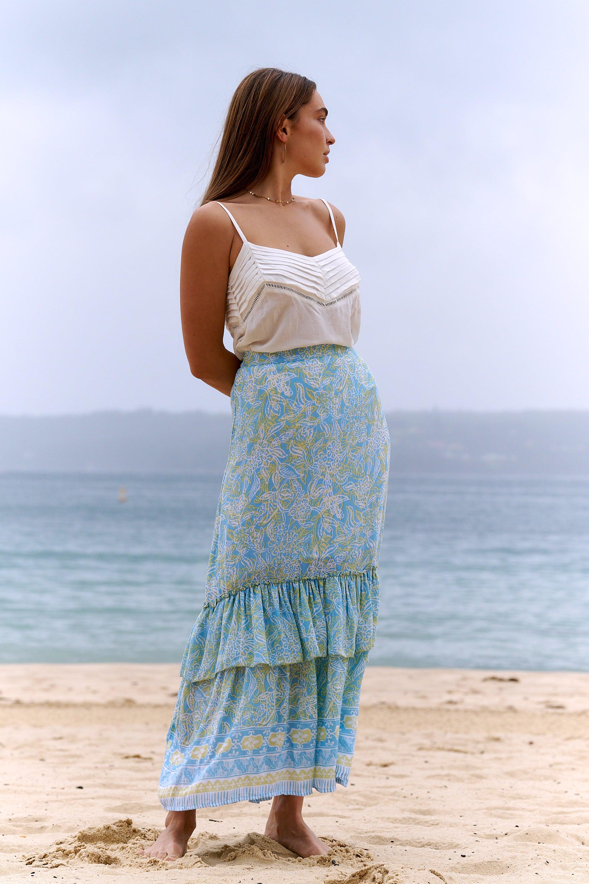 Zoe Layered Maxi Skirt ~ Aqua + Lemon