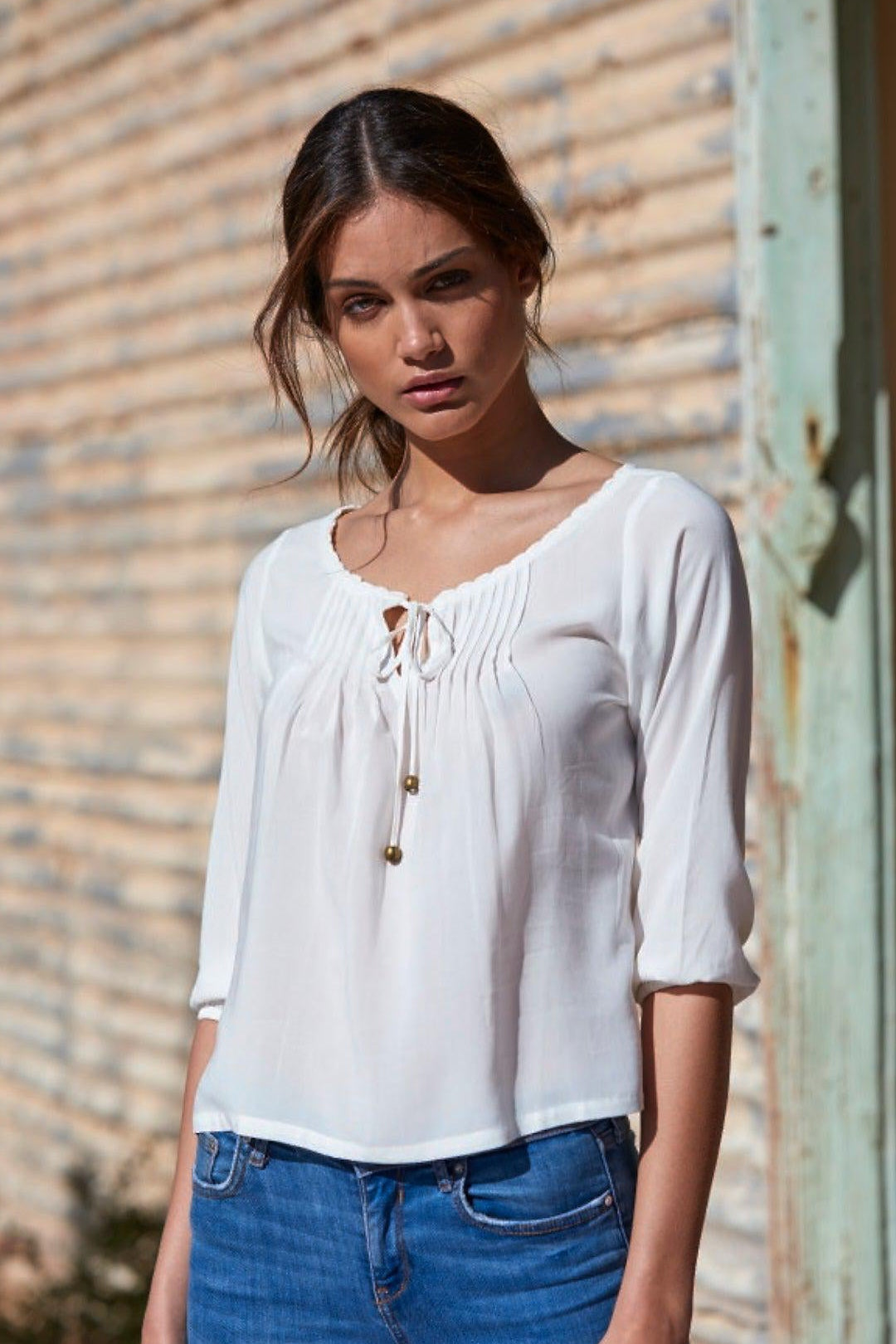 Amelia Pleated Crepe Blouse ~ White-Top-Harla