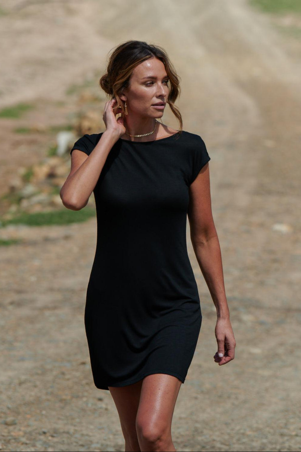 Harla 100% black bamboo draped back mini dress