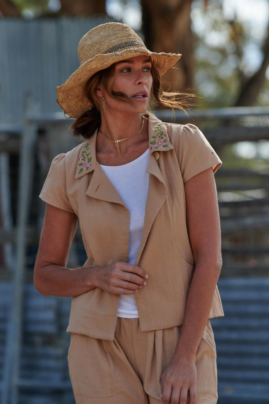 Delilah 100% Cotton Short Sleeve Jacket ~ Embroidered Maple-Jacket-Harla