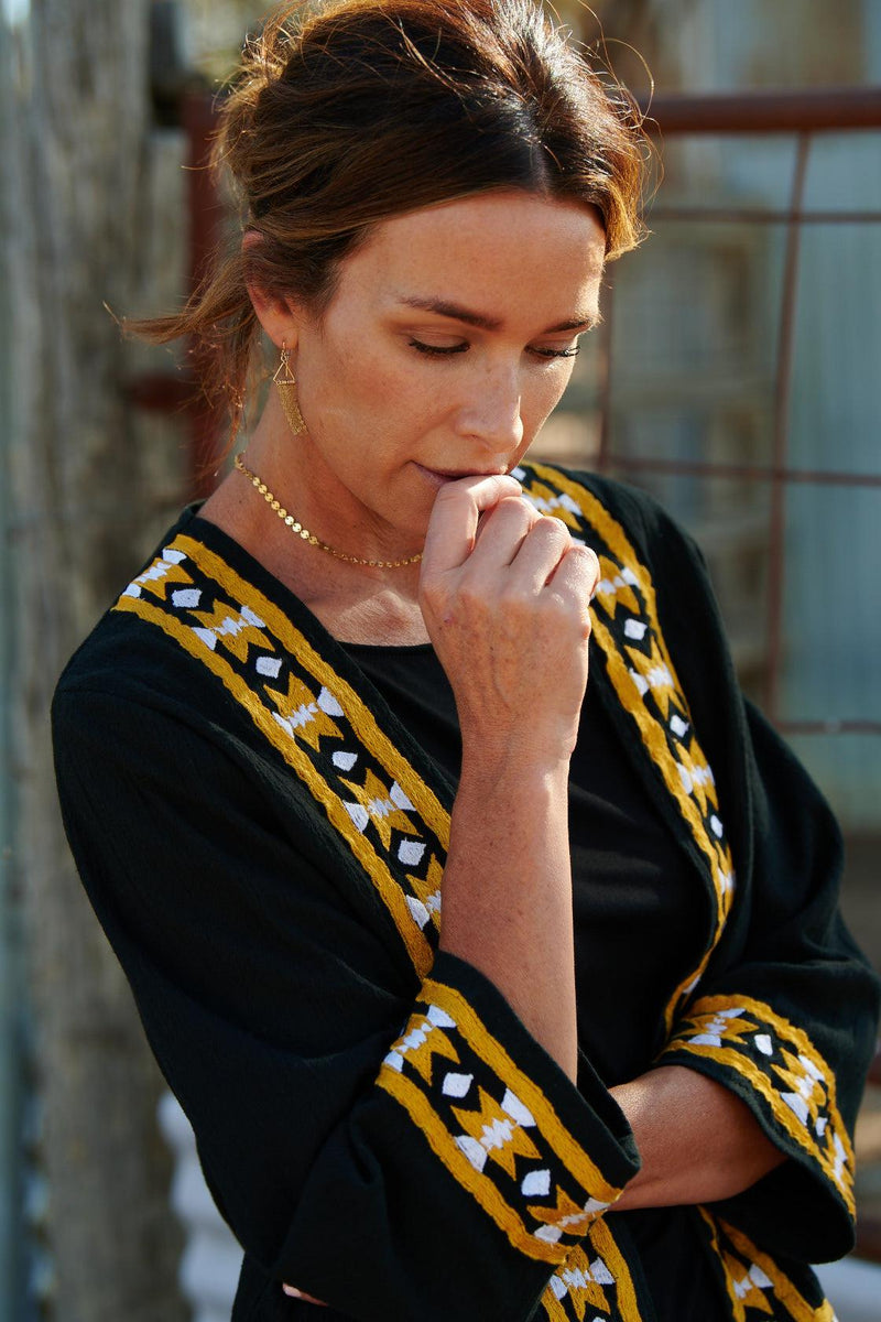Kora 100% Cotton Embroidered Jacket ~ Black with Gold-Jacket-Harla