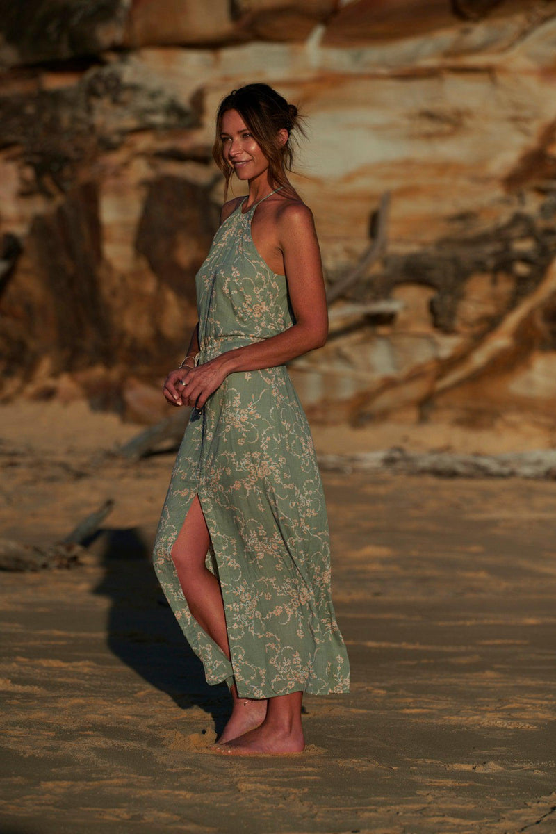 Lyla Drawstring Halterneck Dress ~ Khaki & Coral-Dress-Harla
