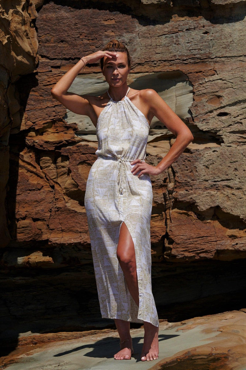 Lyla Drawstring Halterneck Dress ~ White and Gold-Dress-Harla