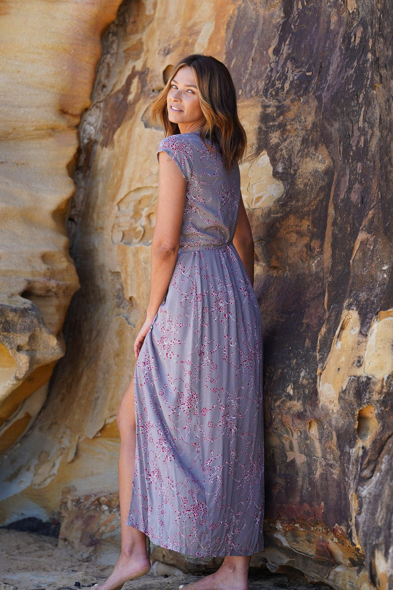 Nina Wrap Dress ~ Charcoal & Magenta Floral-Dress-Harla