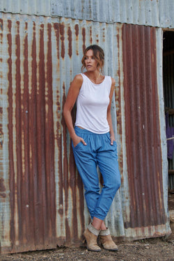 Ruby 100% Cotton Trousers ~ Chambray-Trousers-Harla