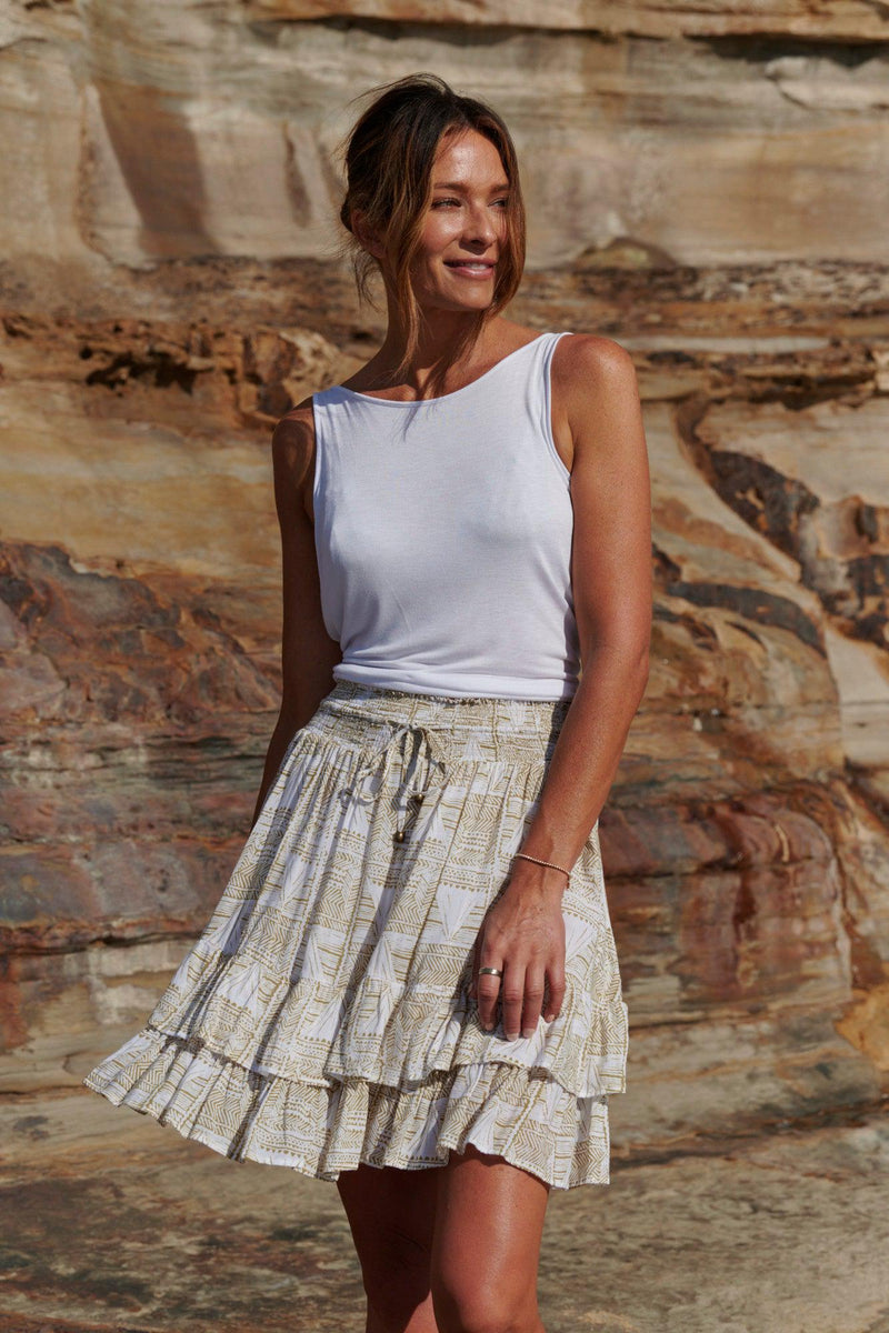 Taylor Ruffle Skirt ~ White & Gold | Boho Clothing Online – Harla