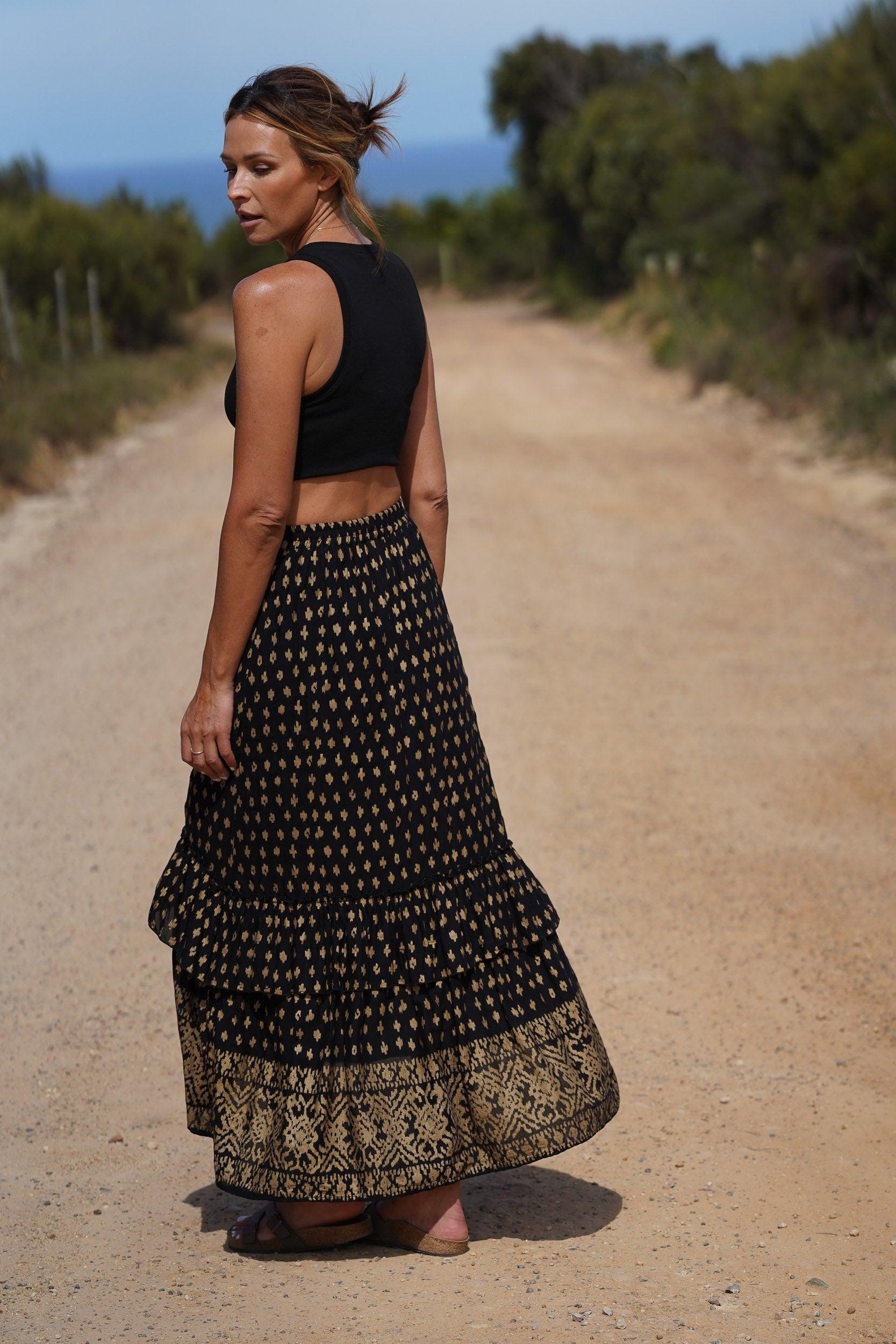 Zoe Layered Maxi Skirt Black Gold Harla Boho Style Clothing