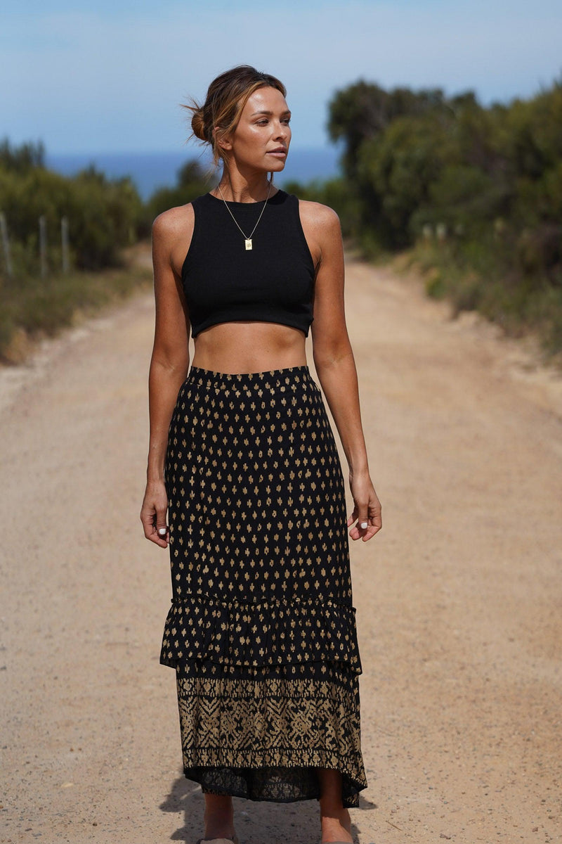 Zoe Layered Maxi Skirt ~ Black & Metallic Gold-Skirt-Harla