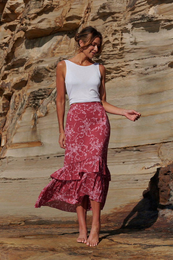 Zoe Layered Maxi Skirt ~ Rich Red-Skirt-Harla